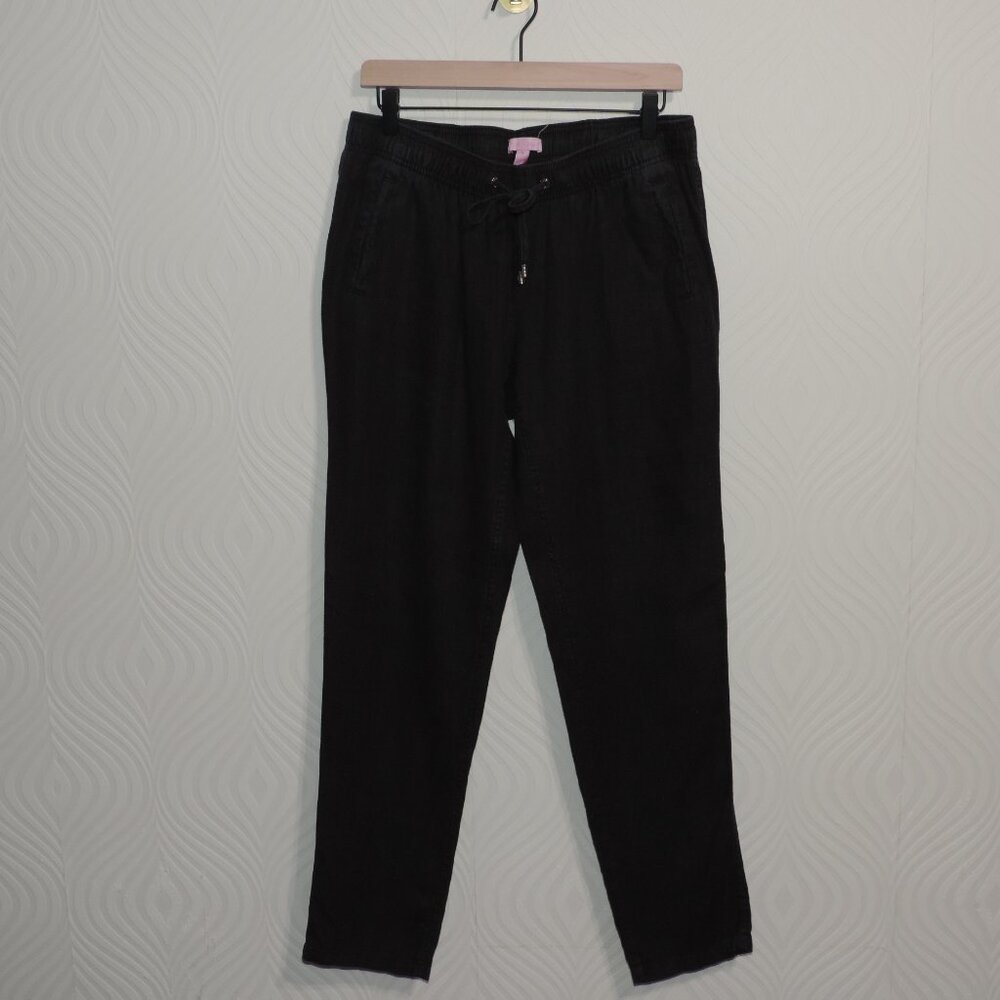Lilly Pulitzer Beach Pants Sz M Black Linen Slim Leg Pull On Drawstring Pockets